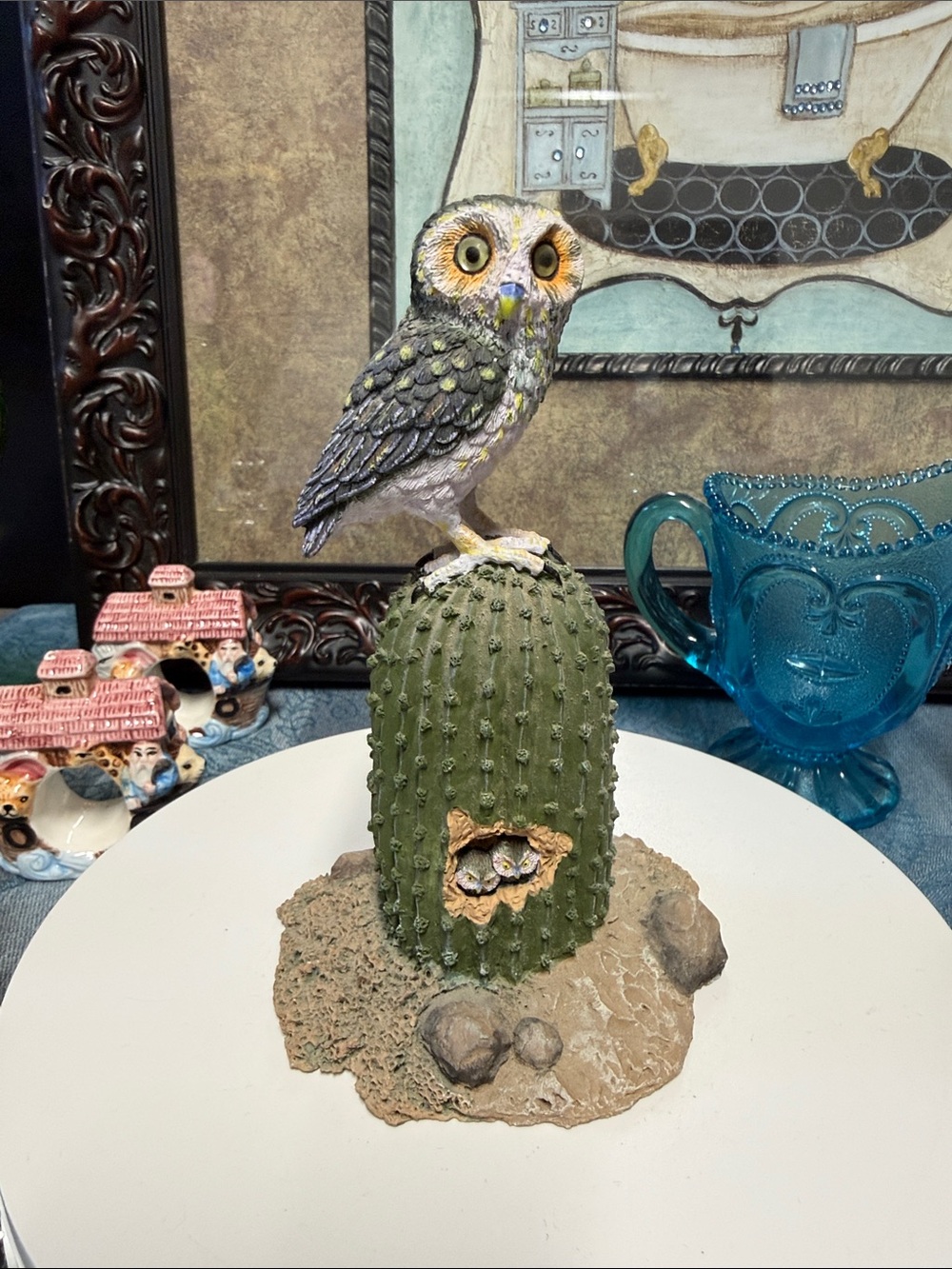 vintage resin sculpture of an Elf Owl with babies in a saguaro cactus